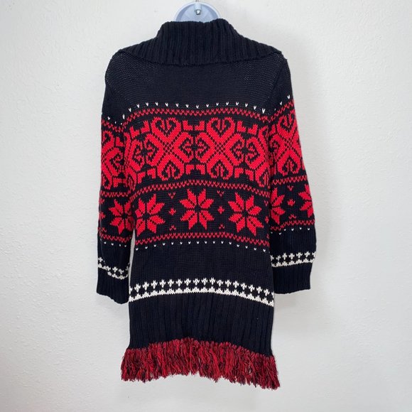 ABBIE MAGS Women's Christmas Knit Sweater Front Zip Tasseled Black/Red Size S/P - Picture 2 of 13